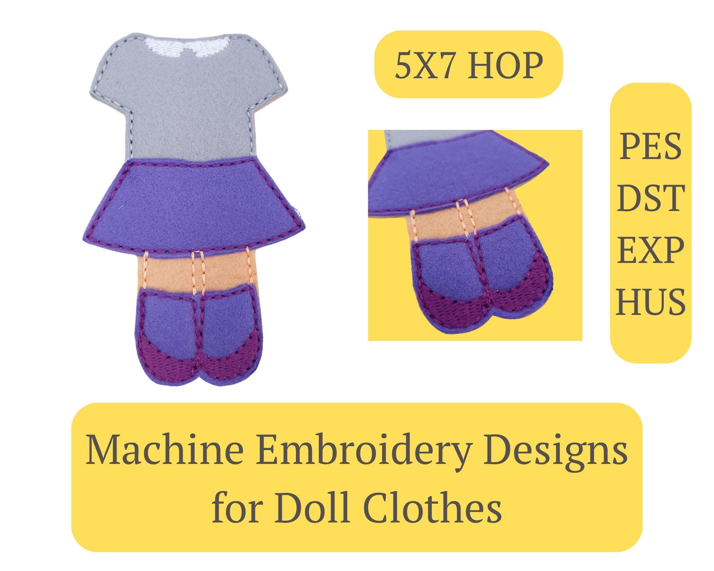 Felt Doll Outfit Machine Embroidery Design ITH Skirt and Top Set 5x7 Hoop
