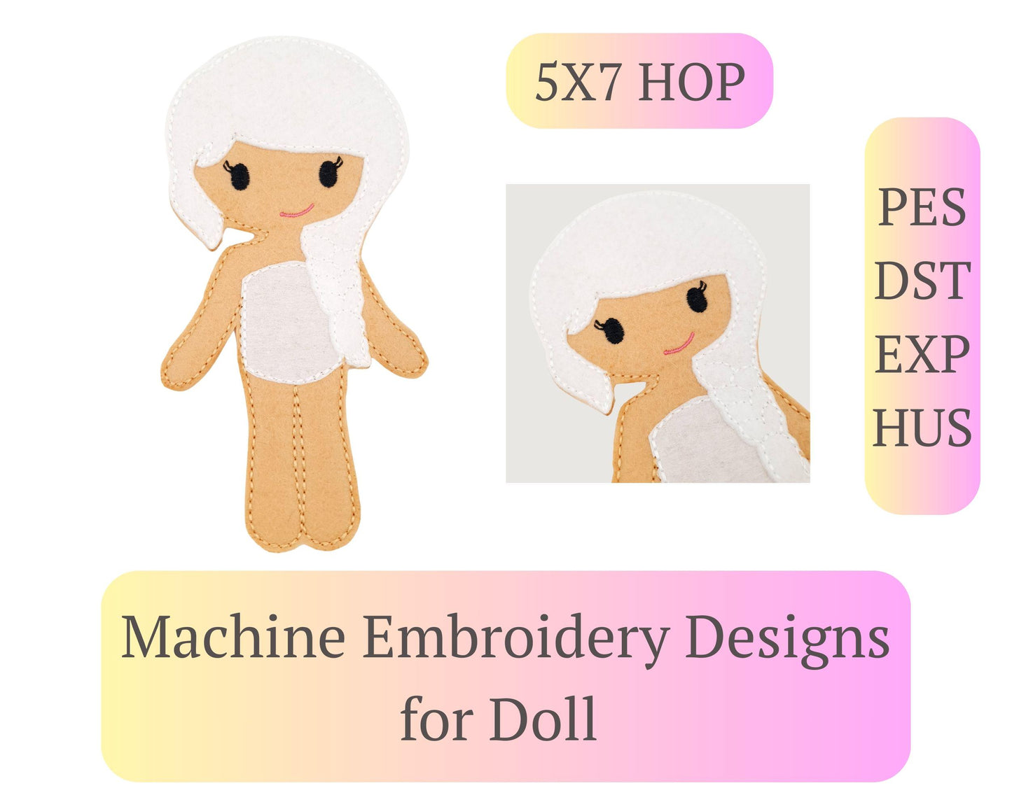 White Hair Doll Embroidery - 5x7 Hoop Digital Pattern Toy