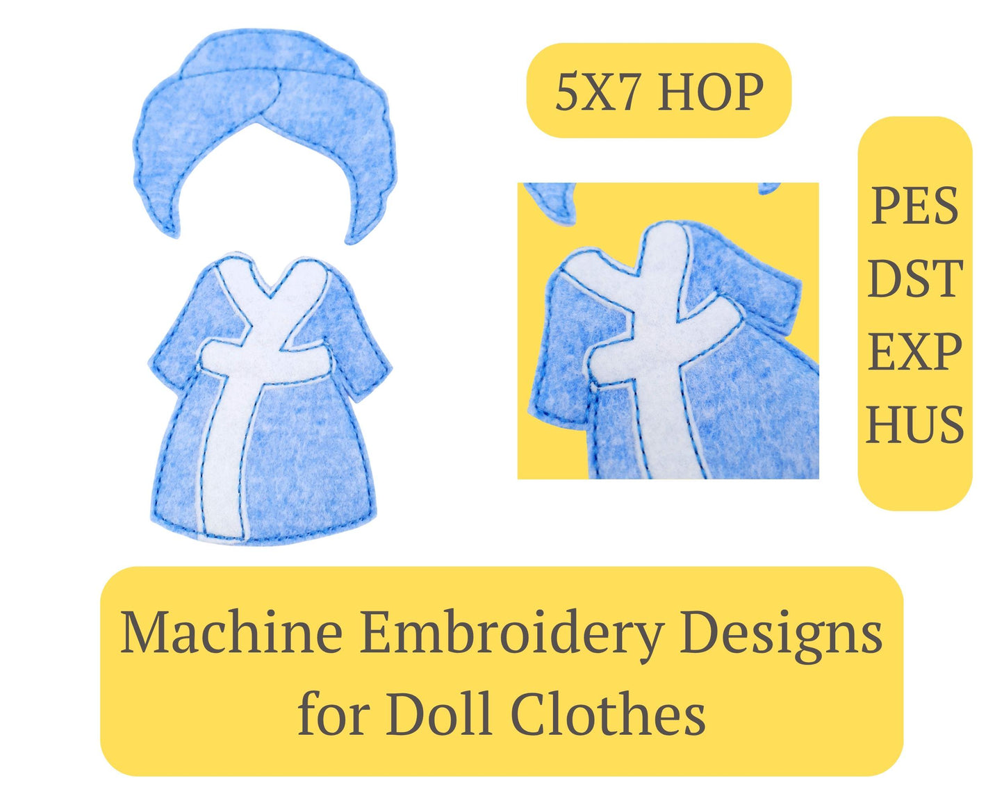 Doll Clothes Spa Robe Machine Embroidery Design ITH Pattern Felt Bathrobe 5x7 Hoop