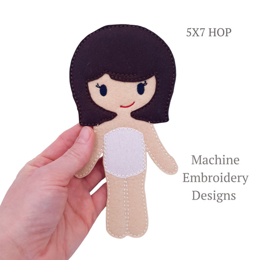 ITH Short Black Hair Girl Doll Machine Embroidery Design Felt Toy Bob Cut 5x7 Hoop Pretend Play Character