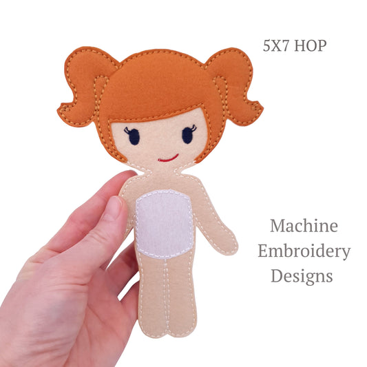 ITH Dress Up Doll Machine Embroidery Design Light Skin Pigtails