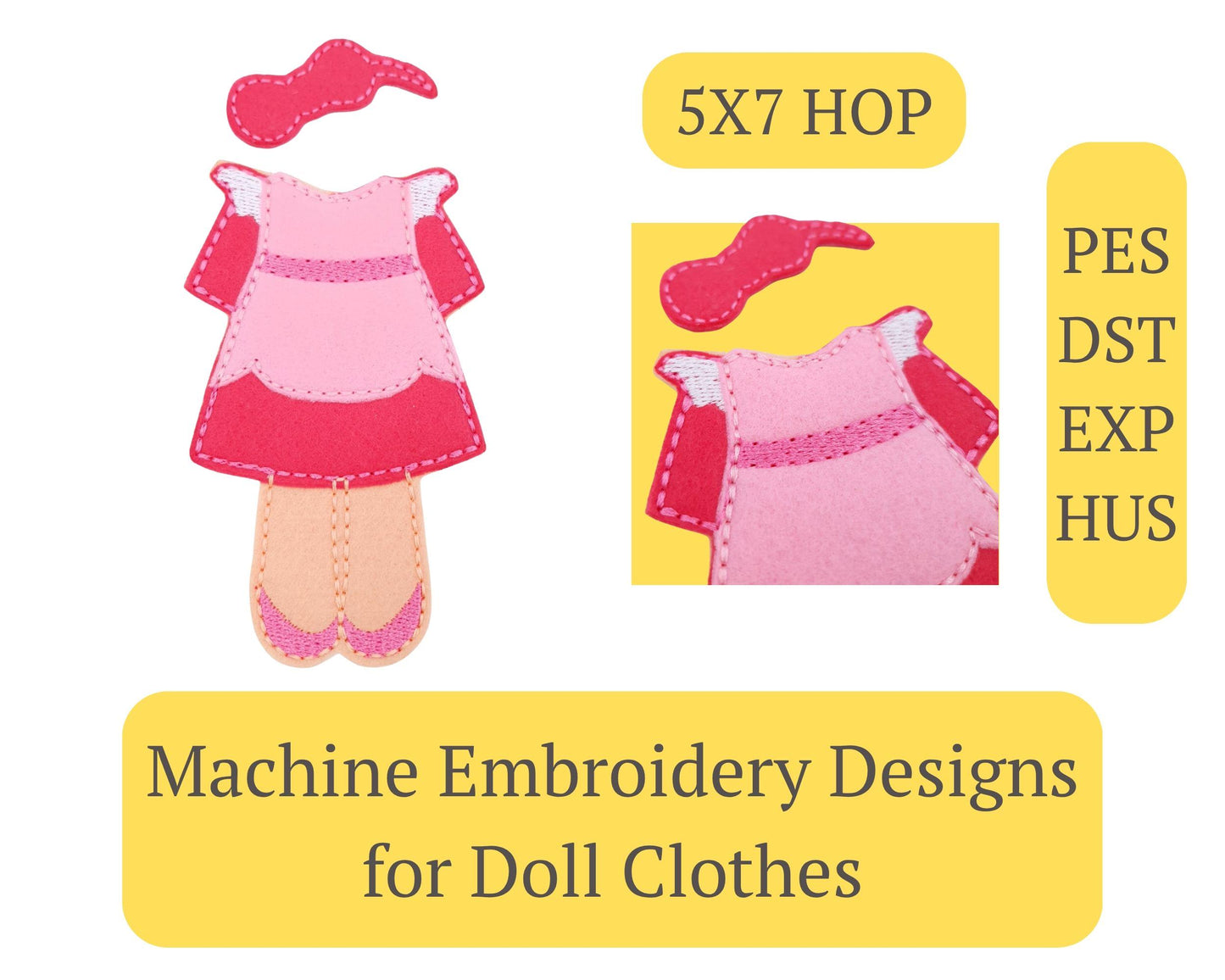 Felt Doll With Dress Machine Embroidery Design ITH Pattern Pink Outfit 5x7 Hoop
