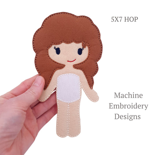 ITH Dress Up Doll Machine Embroidery Design Light Skin Long Wavy Hair