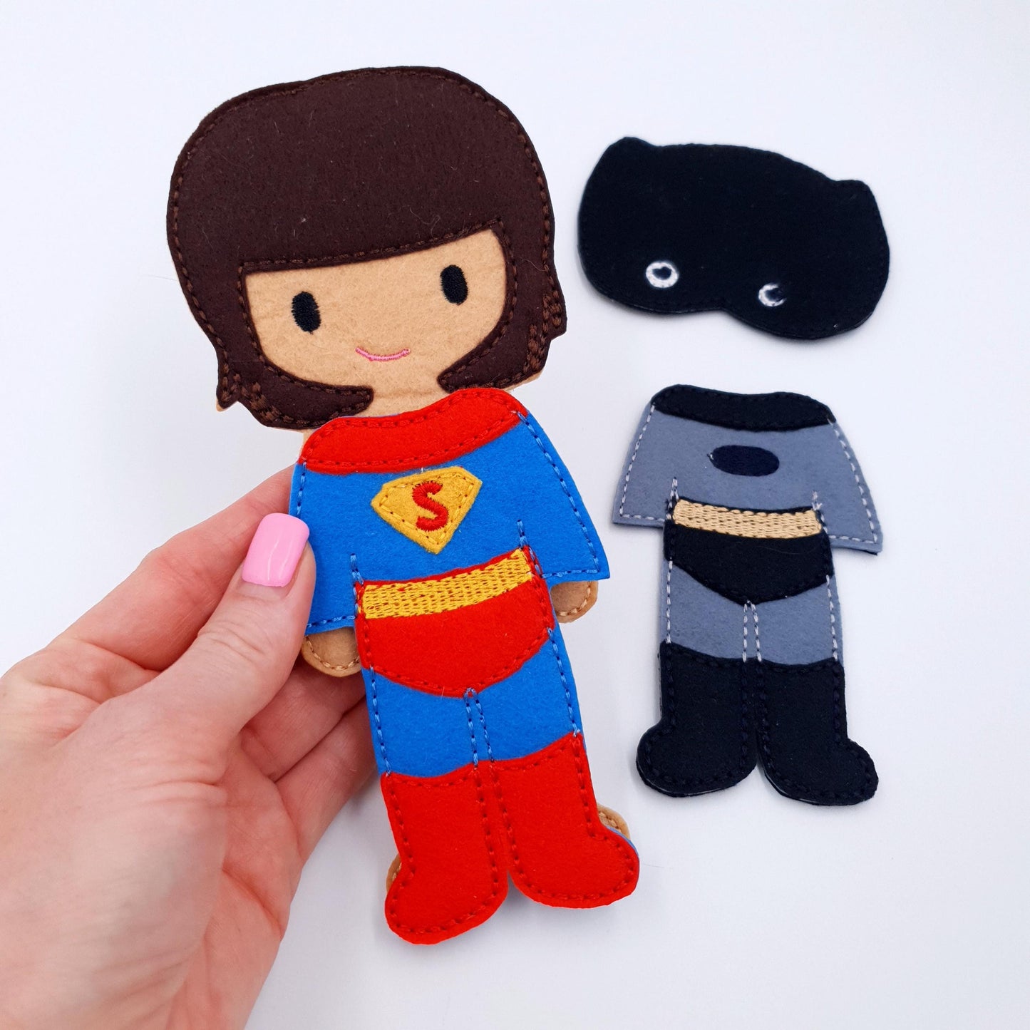 Feltie Doll With Superhero Outfits Machine Embroidery File Kids Play Set