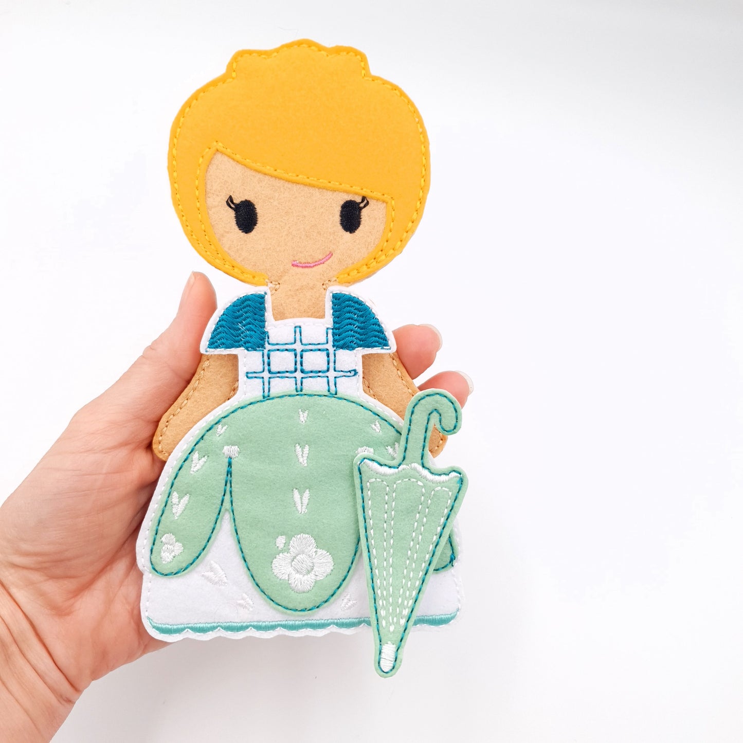 Sweet Felt Doll with Mint Dress and Umbrella ITH Embroidery Design