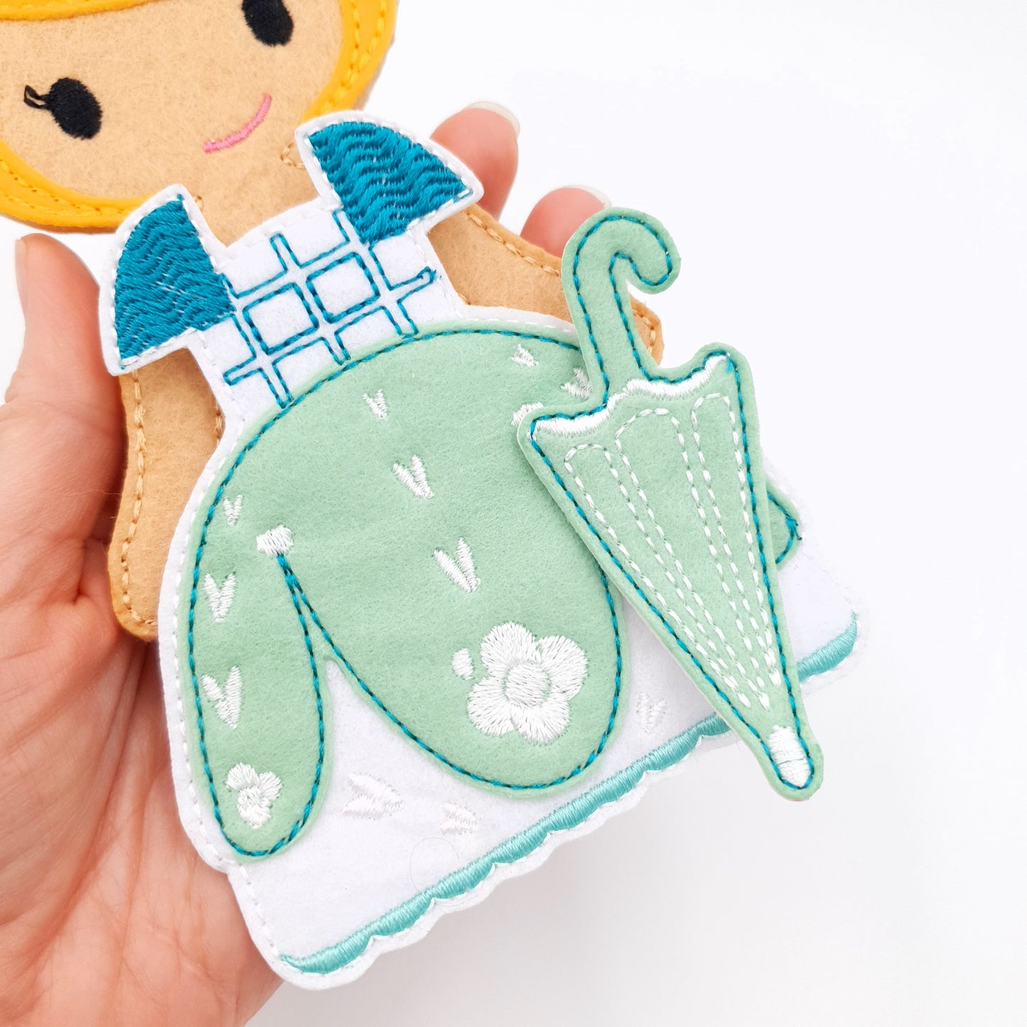 Sweet Felt Doll with Mint Dress and Umbrella ITH Embroidery Design