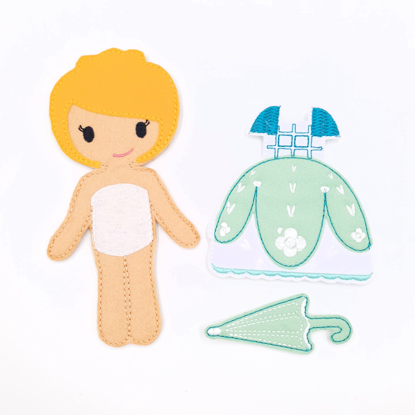 Sweet Felt Doll with Mint Dress and Umbrella ITH Embroidery Design