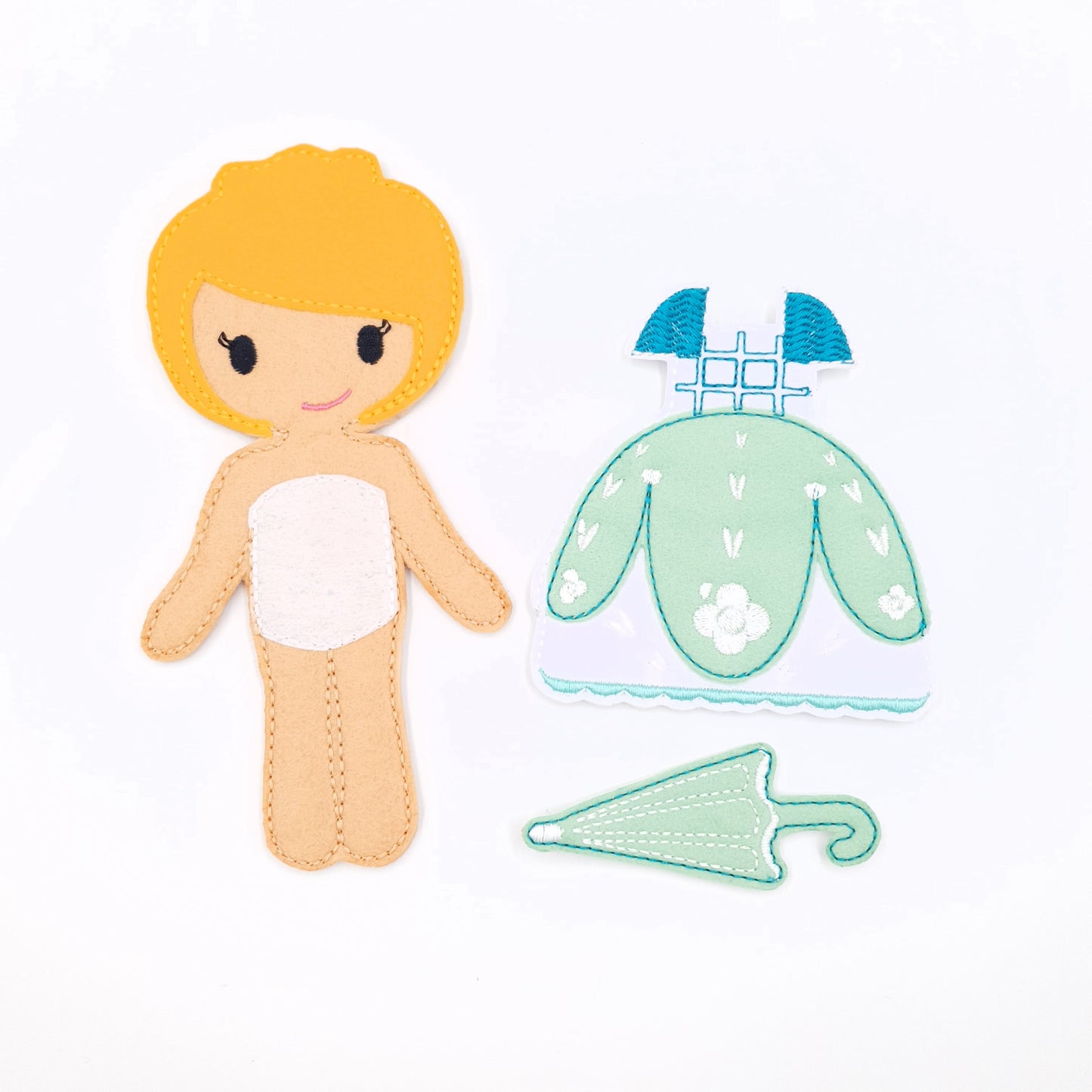 Sweet Felt Doll with Mint Dress and Umbrella ITH Embroidery Design