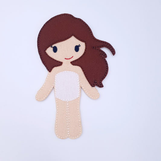 ITH Brown Hair Girl Dress Up Doll Machine Embroidery Design Felt Toy for 5x7 Hoop Kids Pretend Play Character