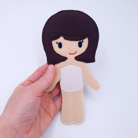 ITH Short Black Hair Girl Doll Machine Embroidery Design Felt Toy Bob Cut 5x7 Hoop Pretend Play Character