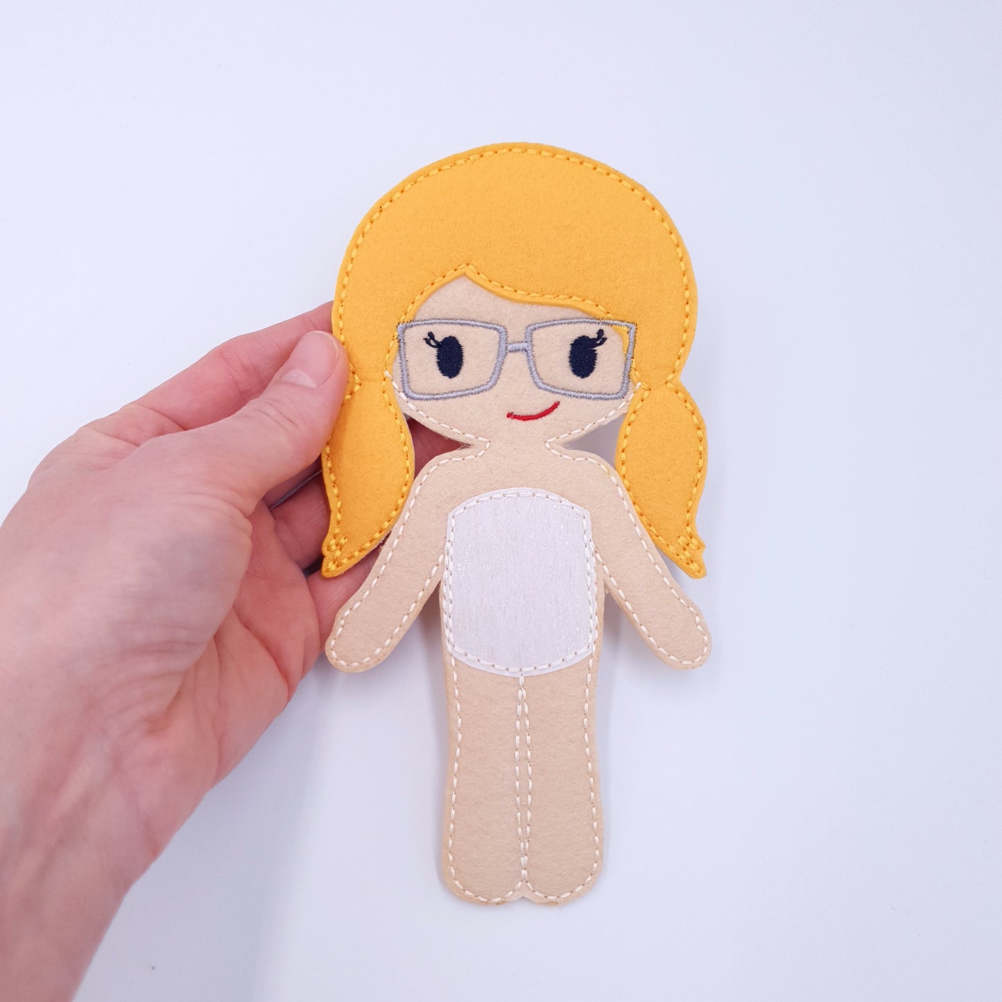 ITH Blonde Girl Dress Up Doll with Glasses Machine Embroidery Design Felt Toy for 5x7 Hoop
