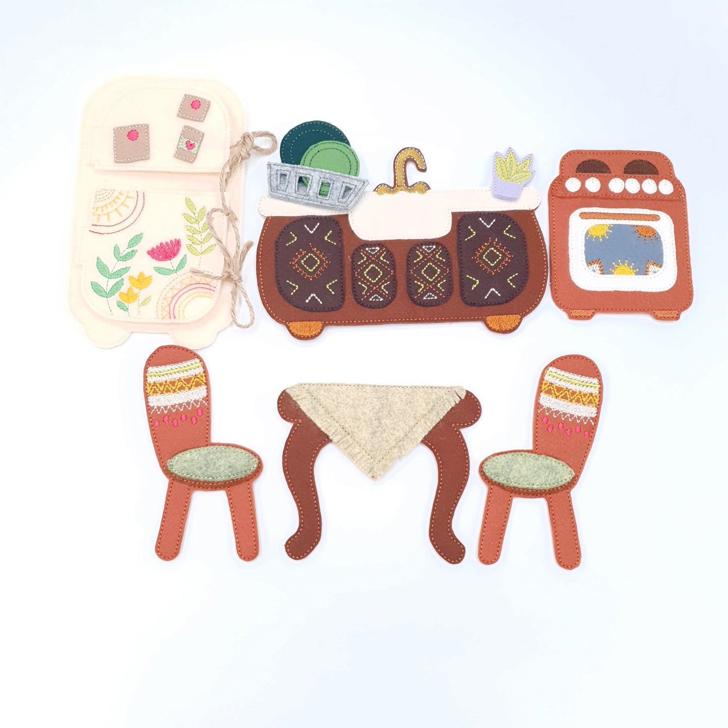 Boho Kitchen Dollhouse Furniture ITH Machine Embroidery Design Set Felt Fridge Stove Sink Table and Chairs for 5x7 Hoop Quiet Book Toy