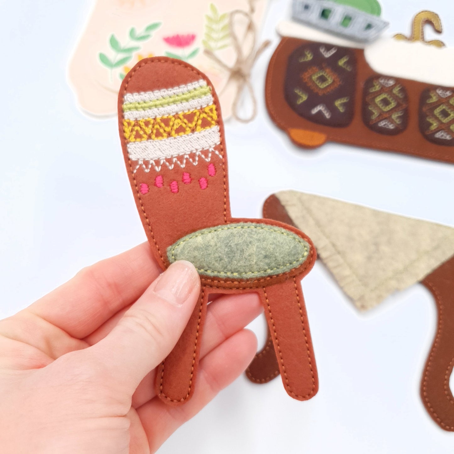 Boho Kitchen Dollhouse Furniture ITH Machine Embroidery Design Set Felt Fridge Stove Sink Table and Chairs for 5x7 Hoop Quiet Book Toy