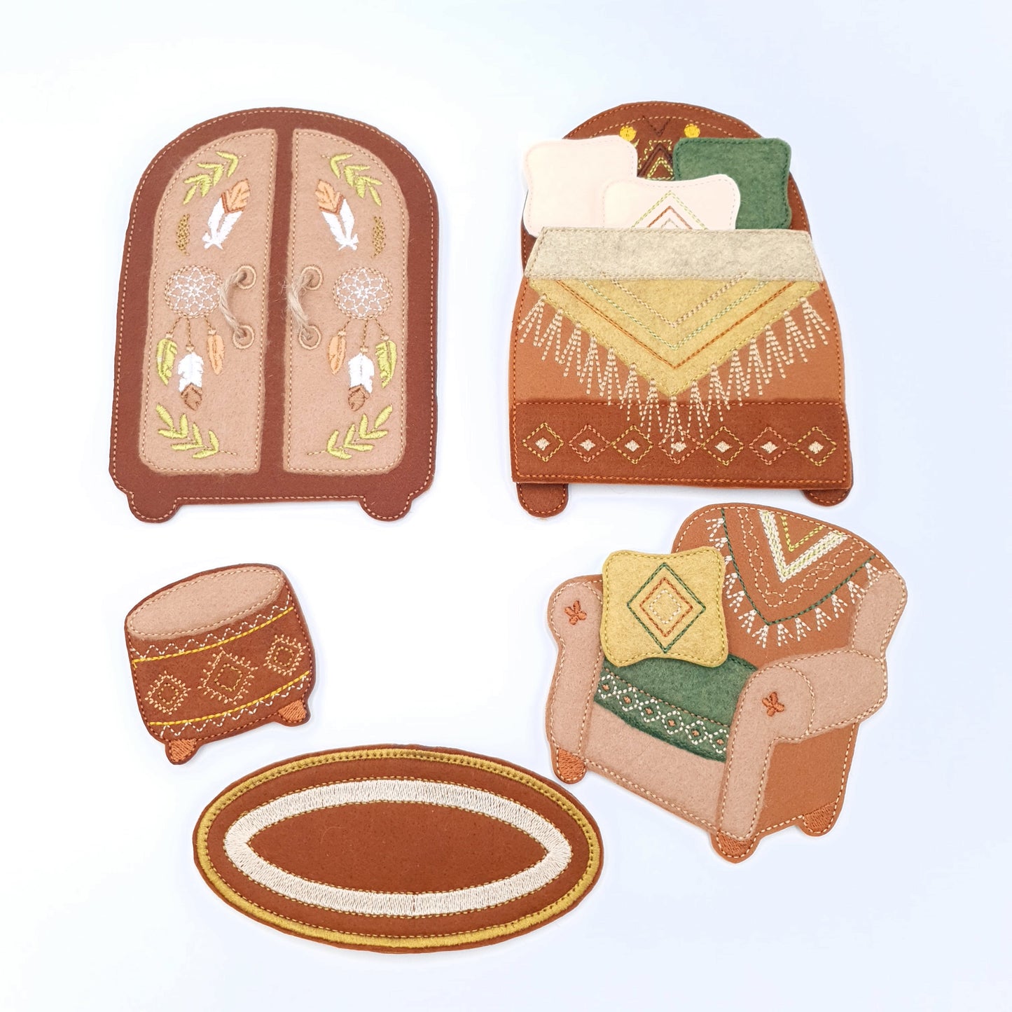 Boho Southwestern Dollhouse Furniture Set ITH Machine Embroidery Design Felt Toy Bed Wardrobe Armchair for 5x7 Hoop Quiet Book Accessory