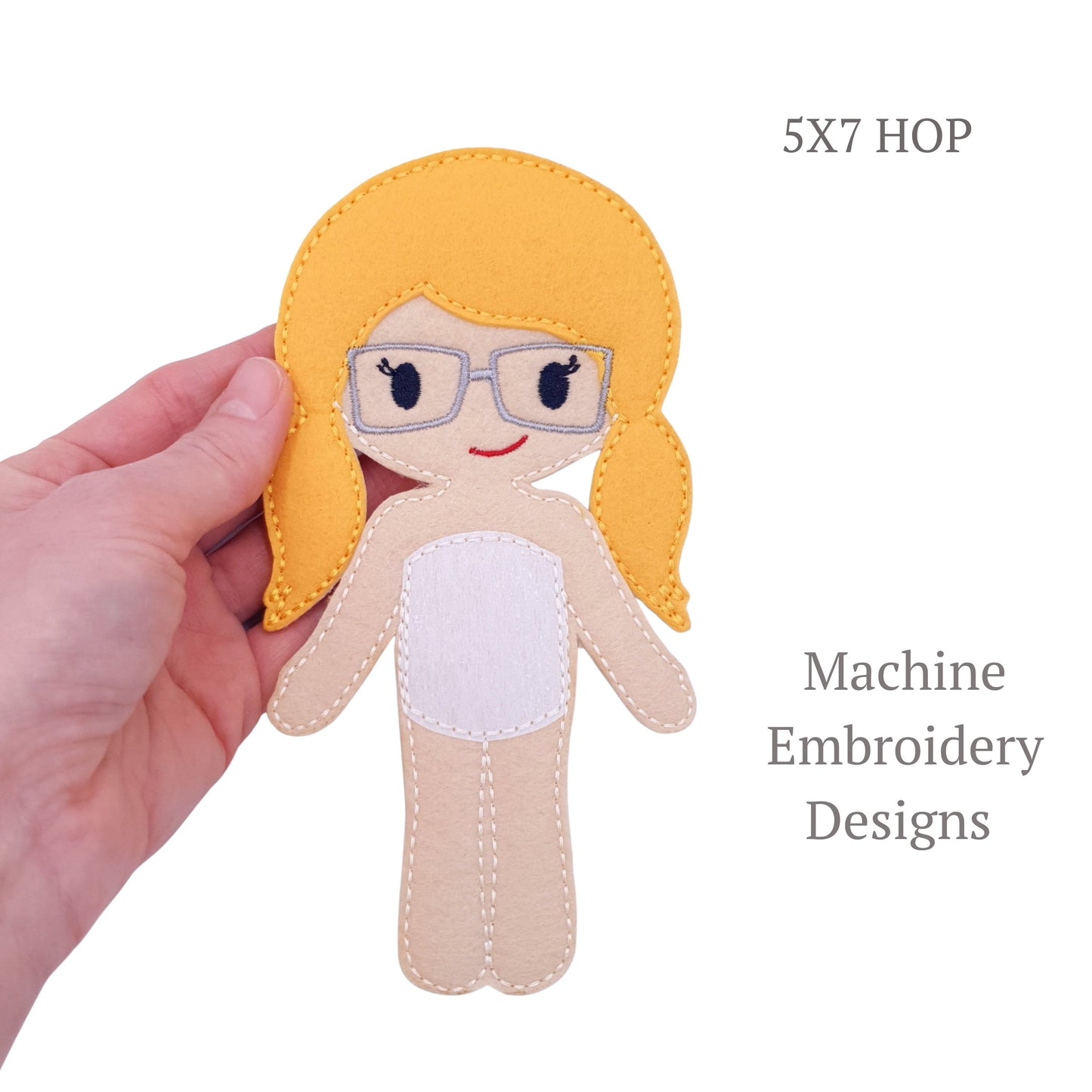ITH Blonde Girl Dress Up Doll with Glasses Machine Embroidery Design Felt Toy for 5x7 Hoop