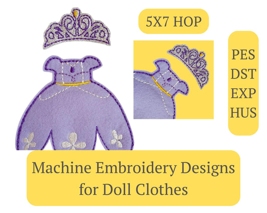 Princess Dress Tiara Machine Embroidery Design 5x7 Hoop Doll Clothes