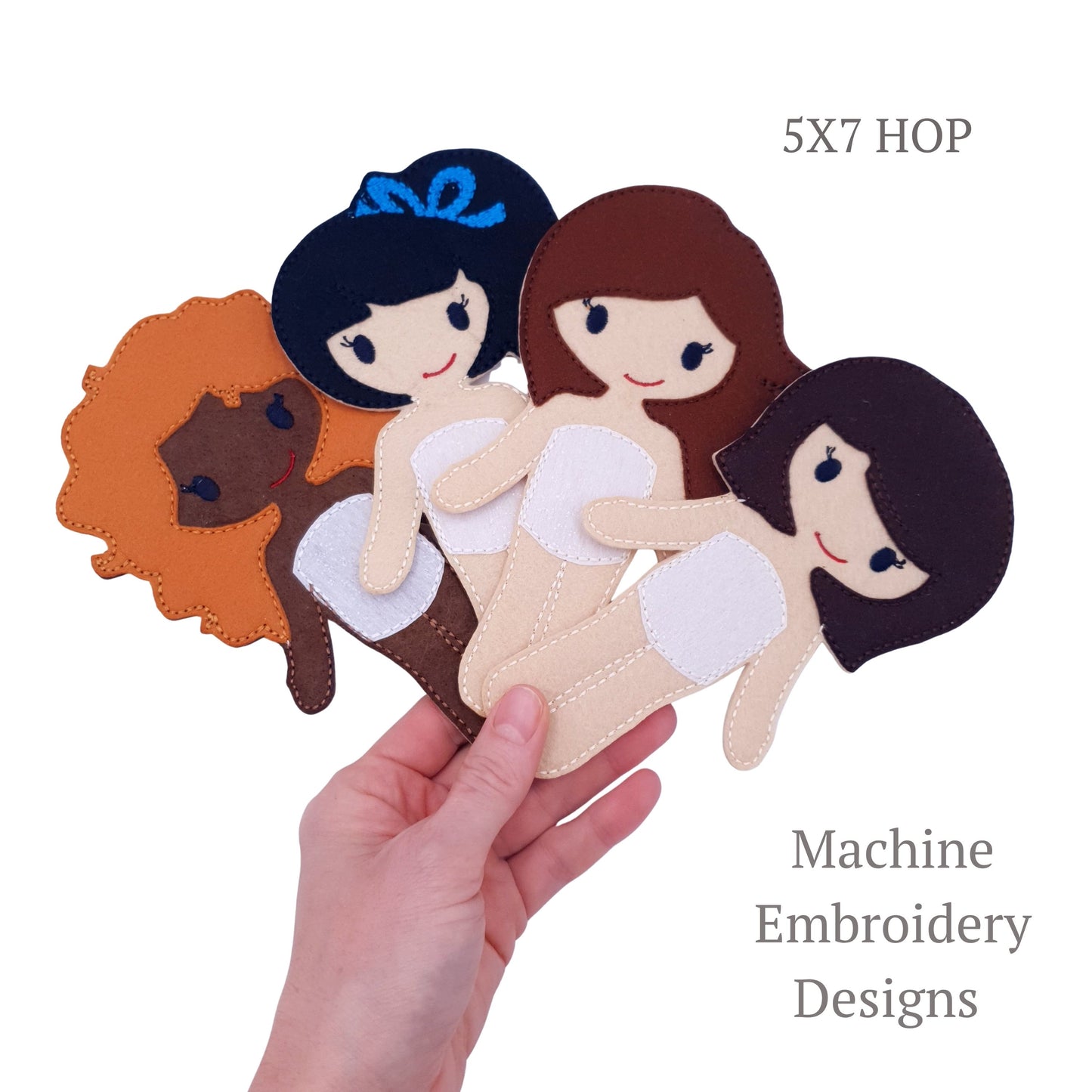 ITH Dress Up Dolls Multi Skin Tone 4 Base Dolls Machine Embroidery Design