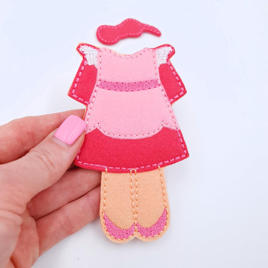 Felt Doll With Dress Machine Embroidery Design ITH Pattern Pink Outfit 5x7 Hoop