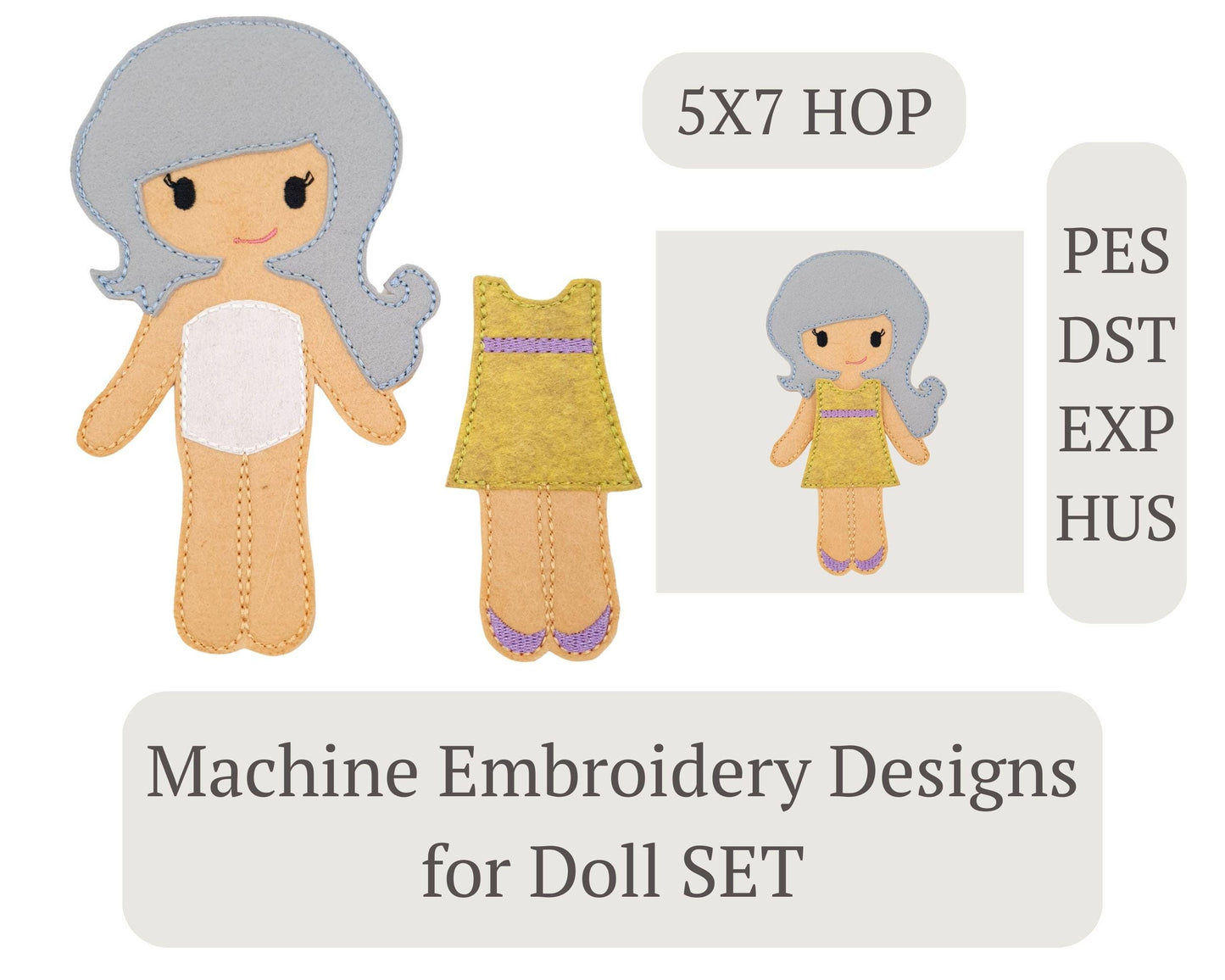 Felt Doll & Dress ITH Embroidery Design: Silver Hair Girl (5x7) (Digital Download)