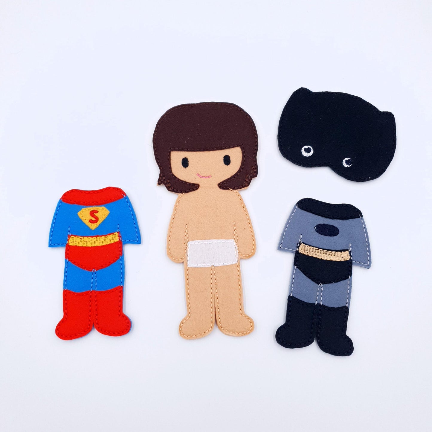 Feltie Doll With Superhero Outfits Machine Embroidery File Kids Play Set