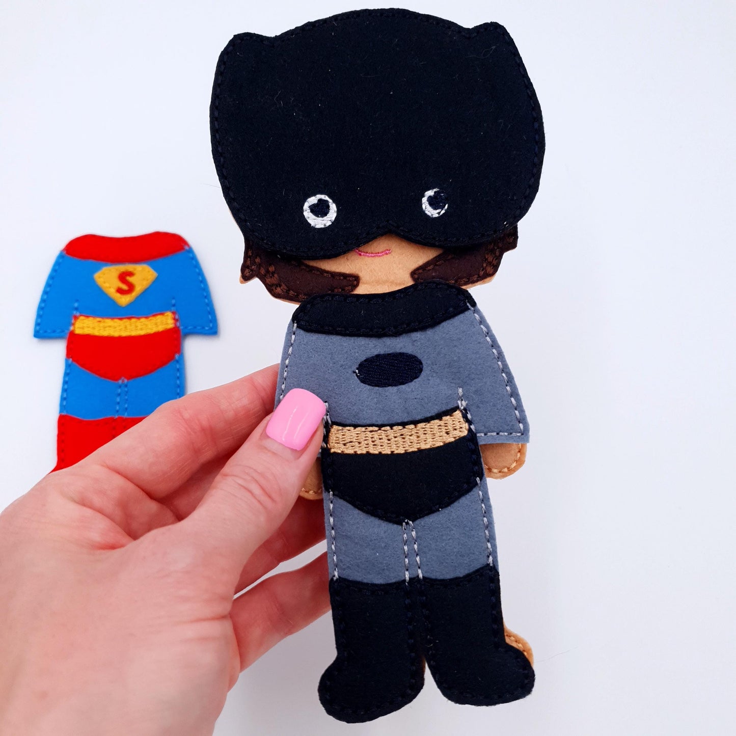 Feltie Doll With Superhero Outfits Machine Embroidery File Kids Play Set