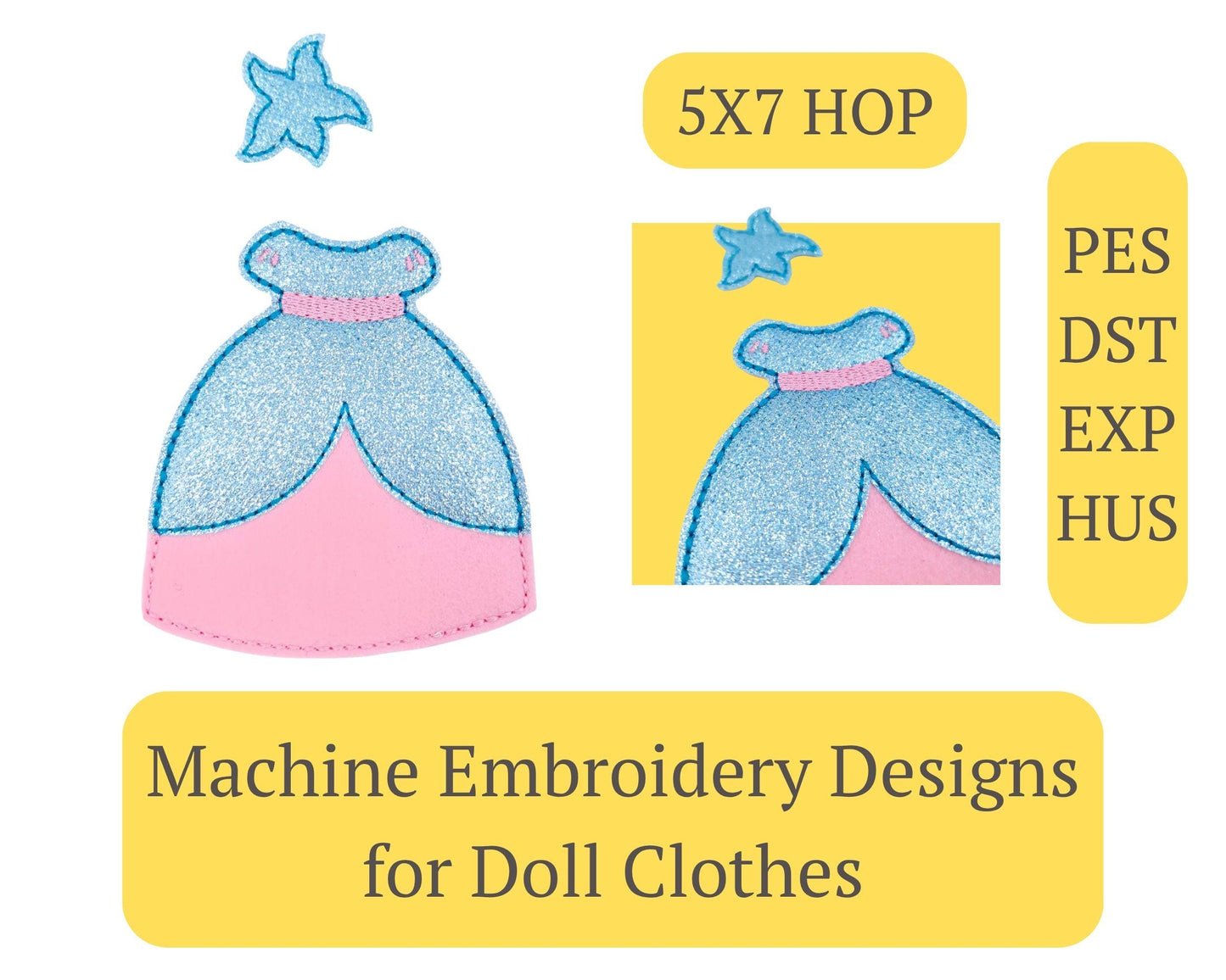 ITH Princess Ball Gown Embroidery Design 5x7 Felt Doll Dress  Digital Download