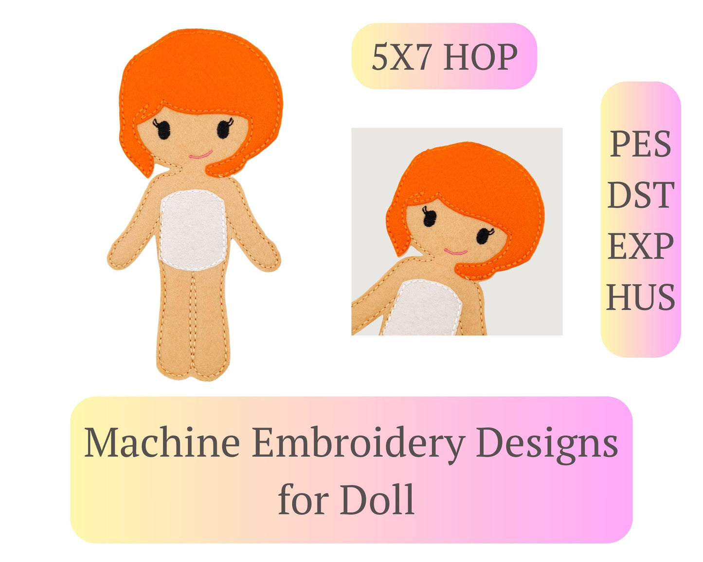 Short Ginger Hair Doll Embroidery - 5x7 Hoop Digital