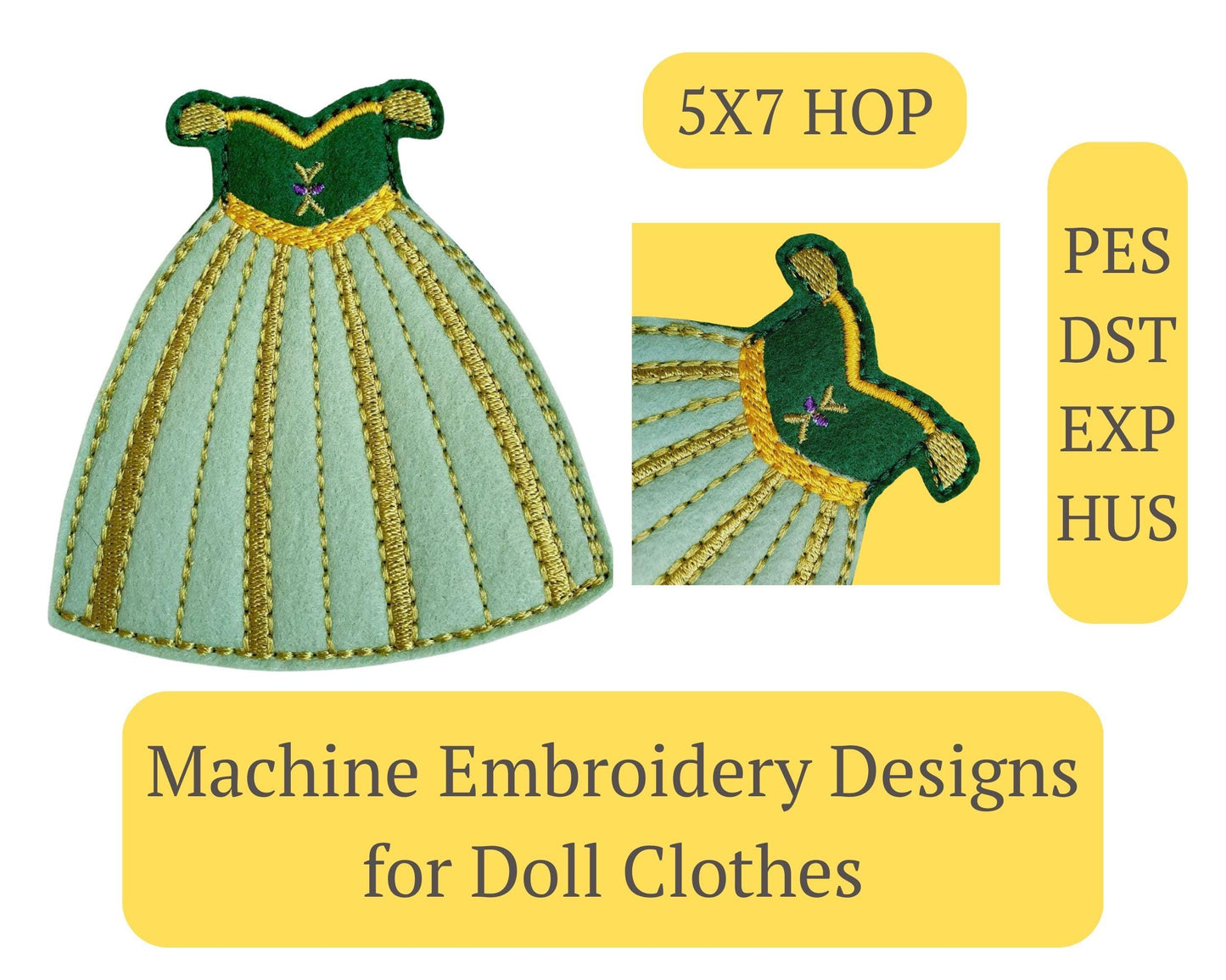 Doll Gown Embroidery Design: ITH Felt Dress Pattern, 5x7 Hoop (Digital Download)