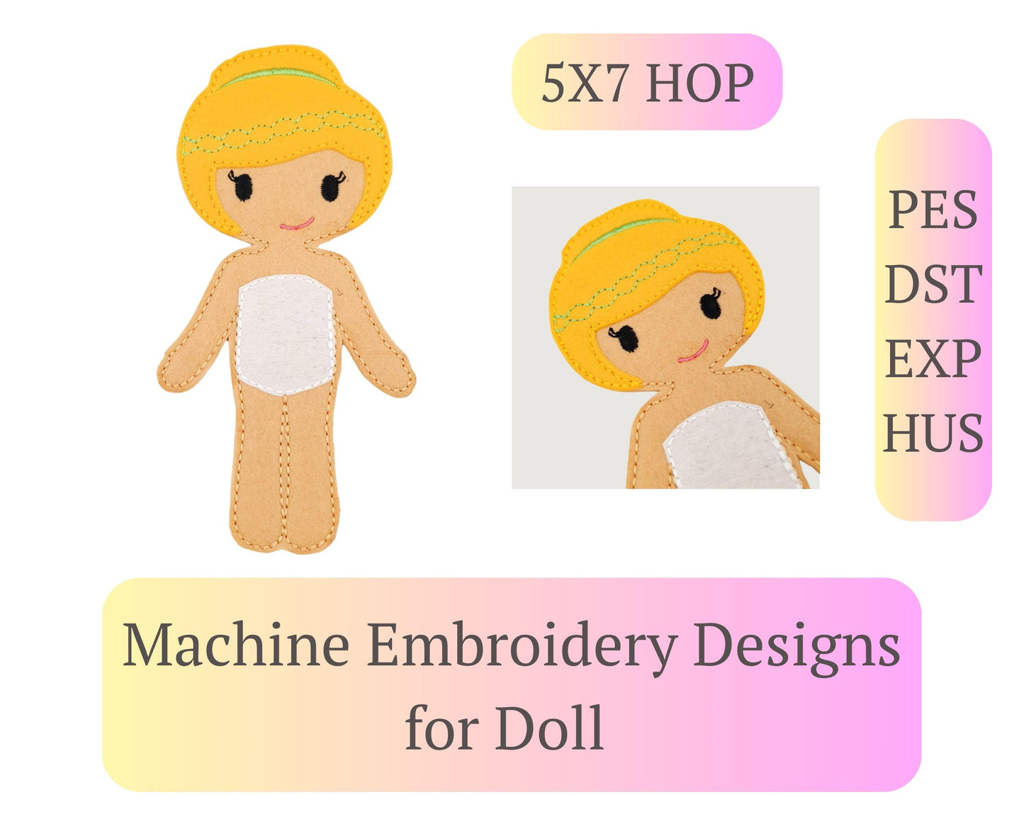 Wavy Hair Doll Embroidery - 5x7 Hoop Digital Pattern Toy