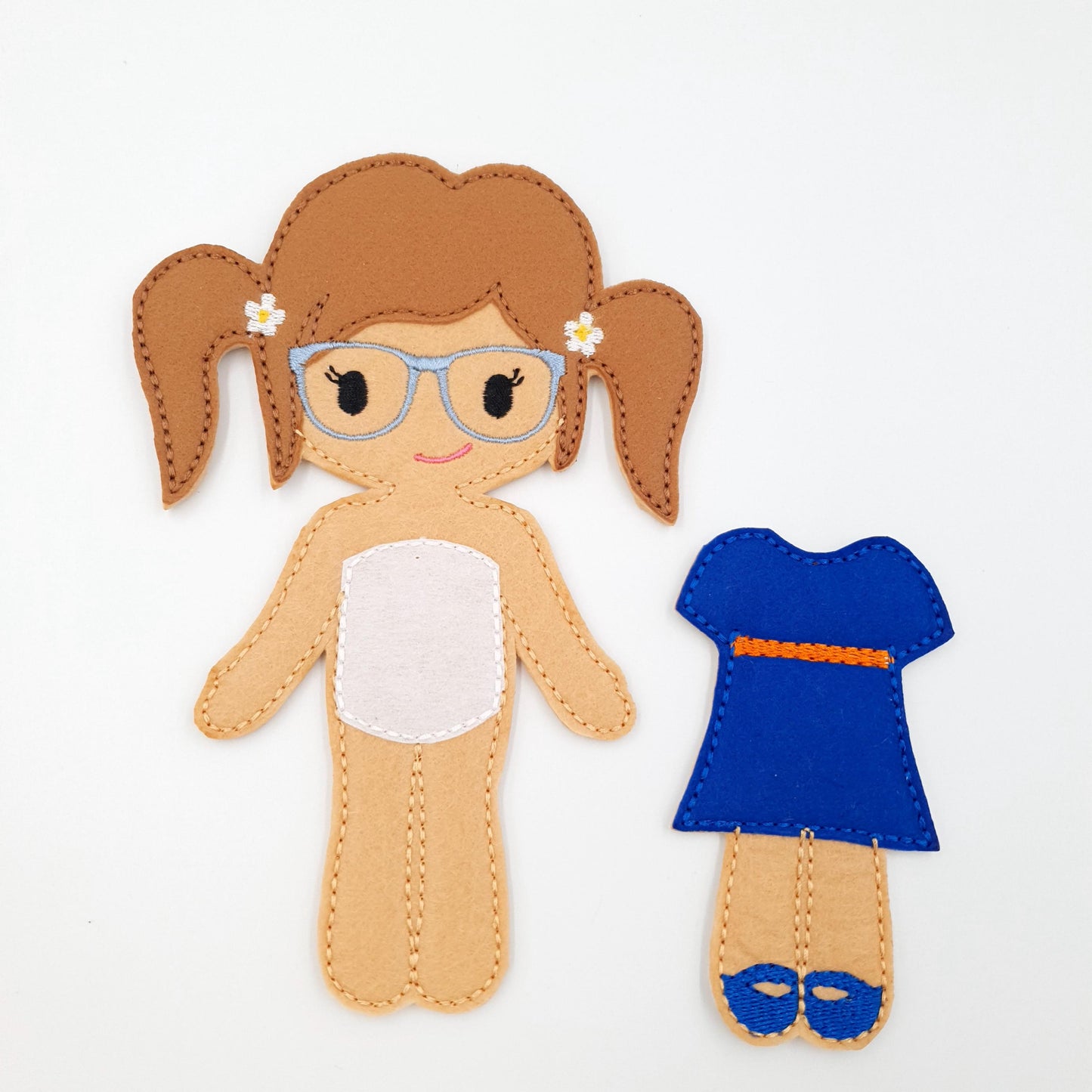 Felt Doll with Glasses Embroidery Design: ITH Doll & Dress Outfit (Digital Download)