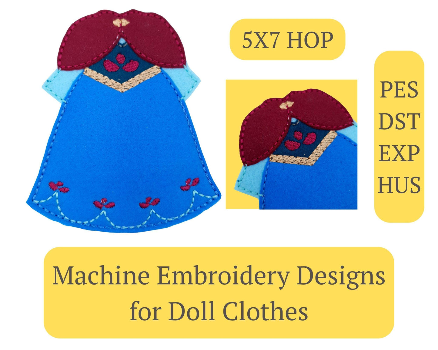 ITH Princess Doll Dress Embroidery Design Scandinavian Coronation Gown 5x7 Hoop Digital Download