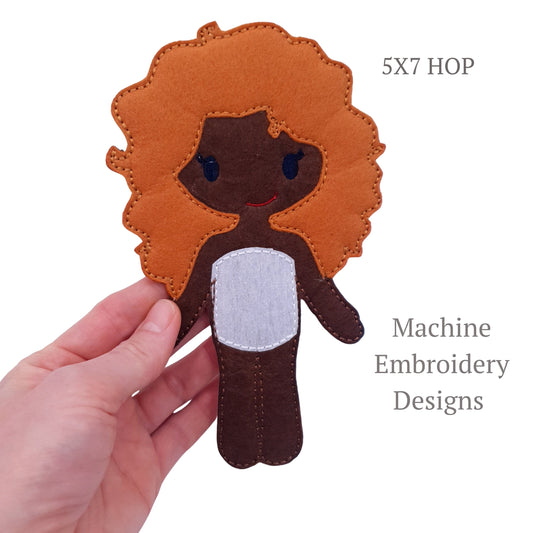 Curly Hair Felt Doll Base ITH Machine Embroidery Dark Skin