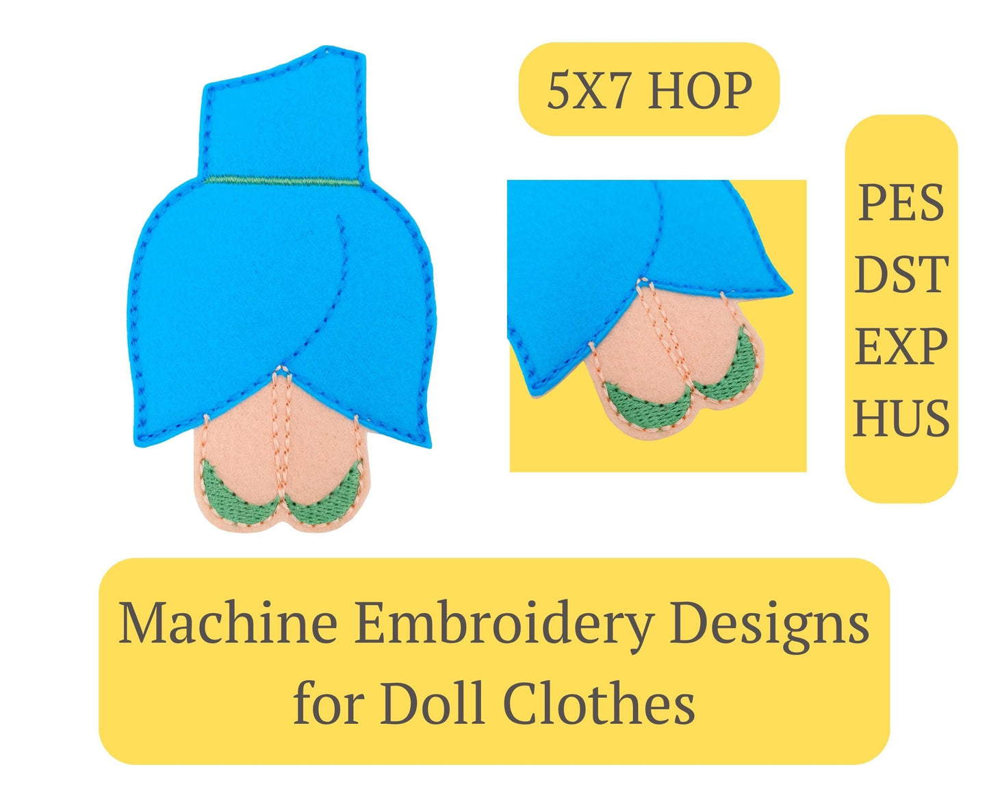 Felt Doll Dress Machine Embroidery Design ITH Blue Fairy Tale Outfit 5x7 Hoop