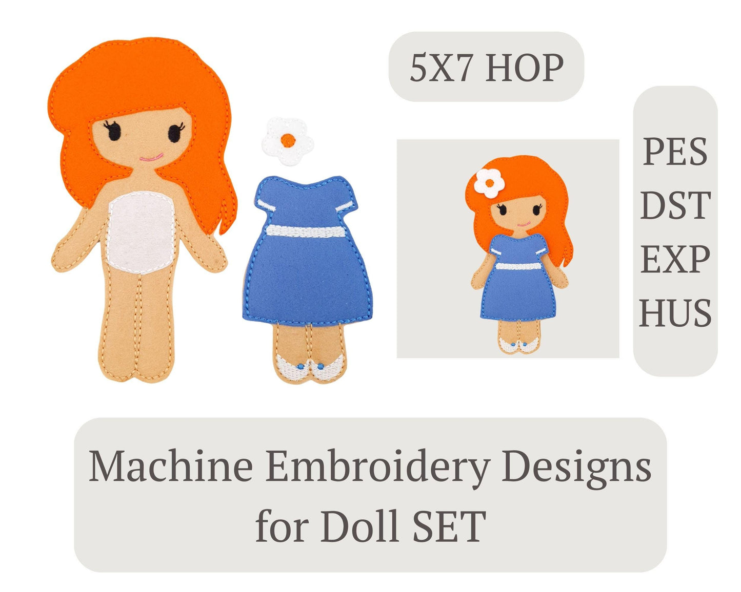 Doll & Blue Dress Embroidery Set - 5x7 Hoop Digital