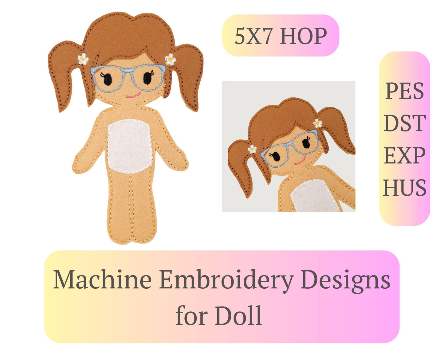 Glasses Doll Embroidery - 5x7 Hoop Digital Pattern Toy
