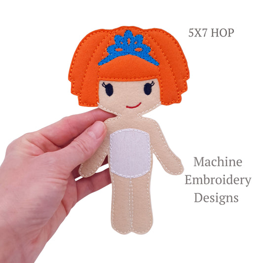 ITH Red Hair Princess Girl Doll Machine Embroidery Design Felt Toy Tiara Character 5x7 Hoop Pretend Play