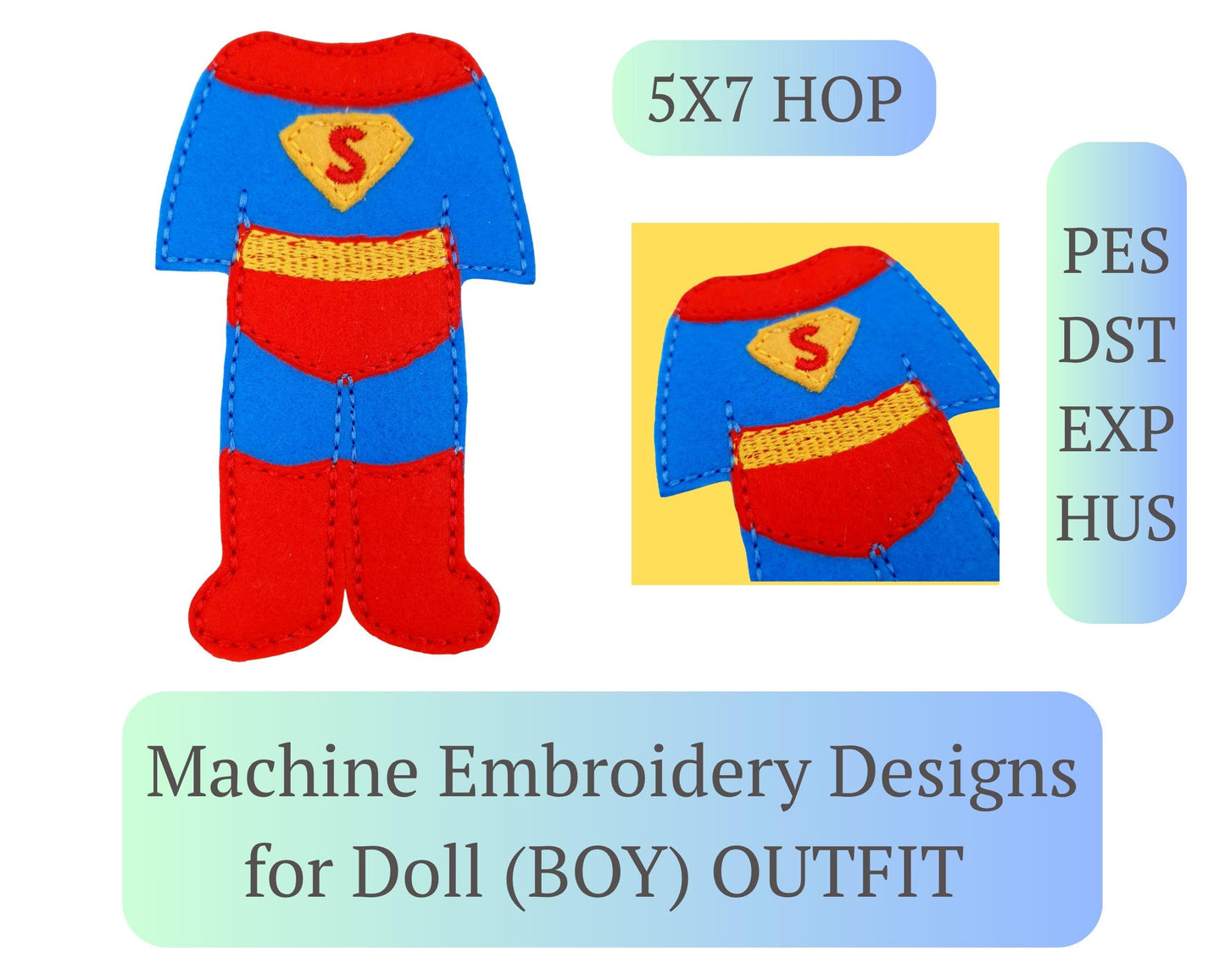ITH Super Hero Doll Clothes Embroidery Design Flying Hero Suit for Felt Boy Dolls  5x7 Hoop Pattern File