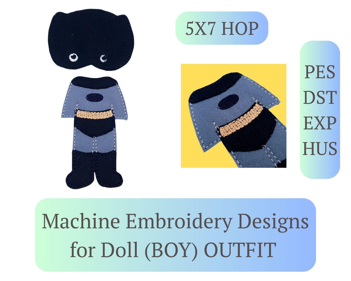 ITH Bat Hero Doll Outfit Embroidery Design Felt Superhero Costume 5x7 Hoop Digital File