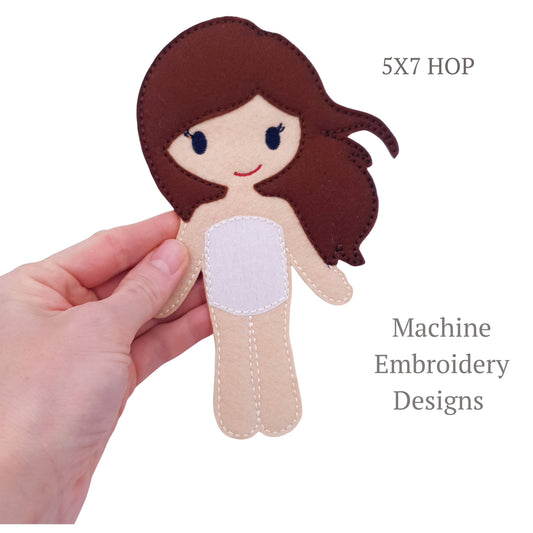 ITH Brown Hair Girl Dress Up Doll Machine Embroidery Design Felt Toy for 5x7 Hoop Kids Pretend Play Character