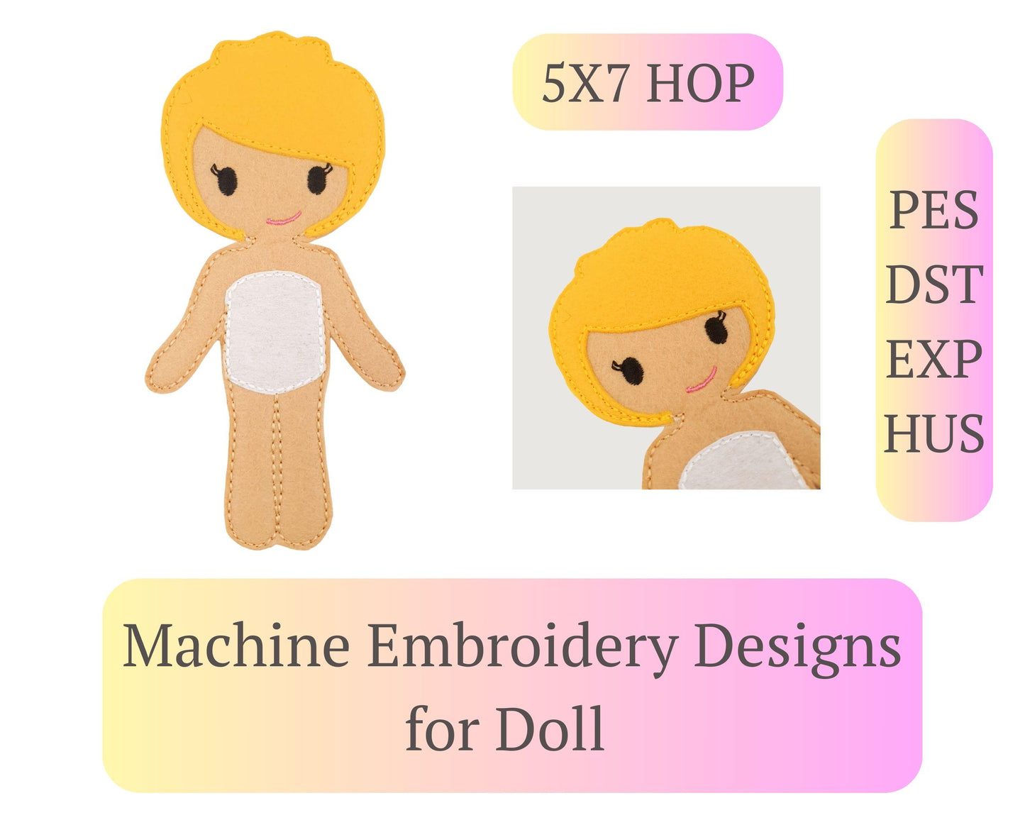 Cheerful Girl Doll Embroidery - 5x7 Hoop Digital Pattern for Soft Toy