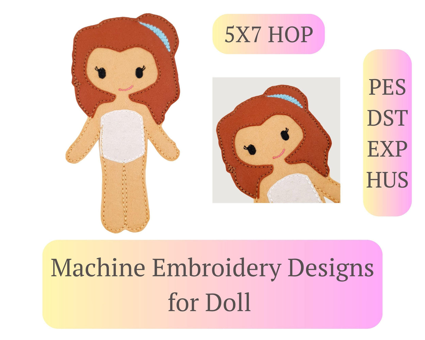 Wavy Ginger Hair Doll Embroidery - 5x7 Hoop Digital Toy