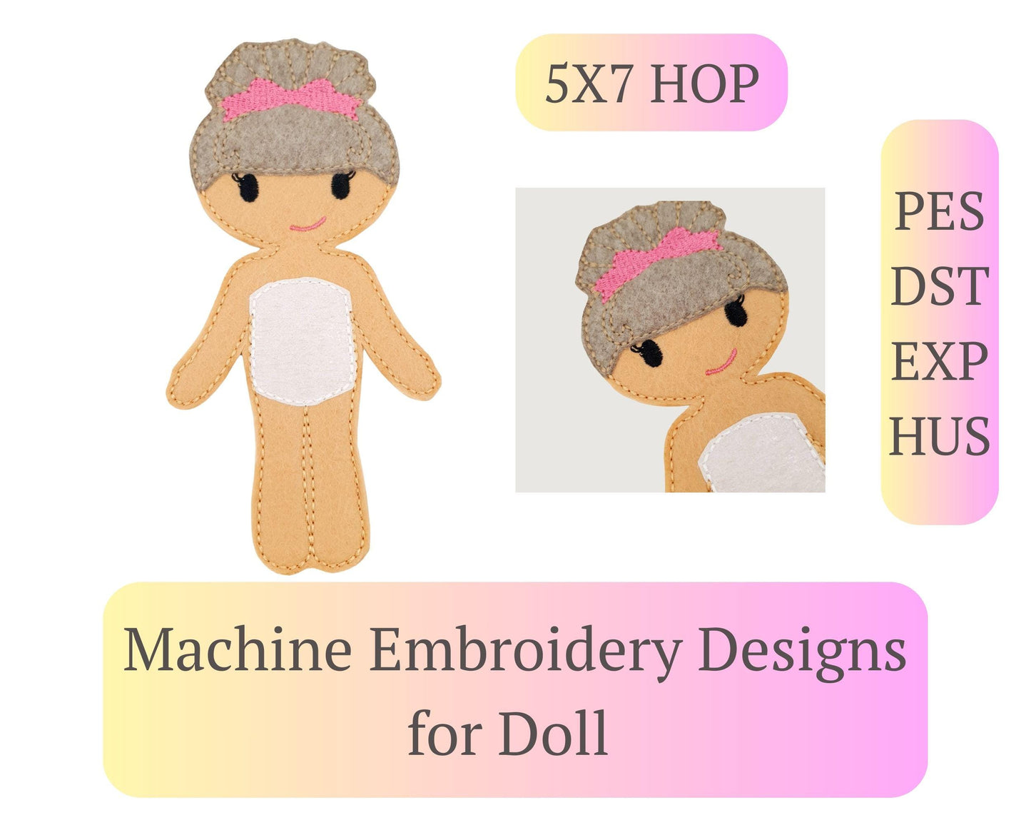 Bun Hairstyle Doll Embroidery - 5x7 Hoop Digital Toy