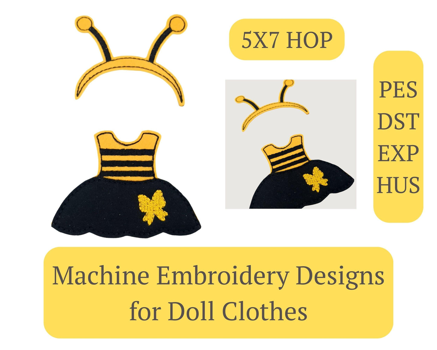Bee Doll Dress Embroidery 5x7 Hoop Digital Pattern