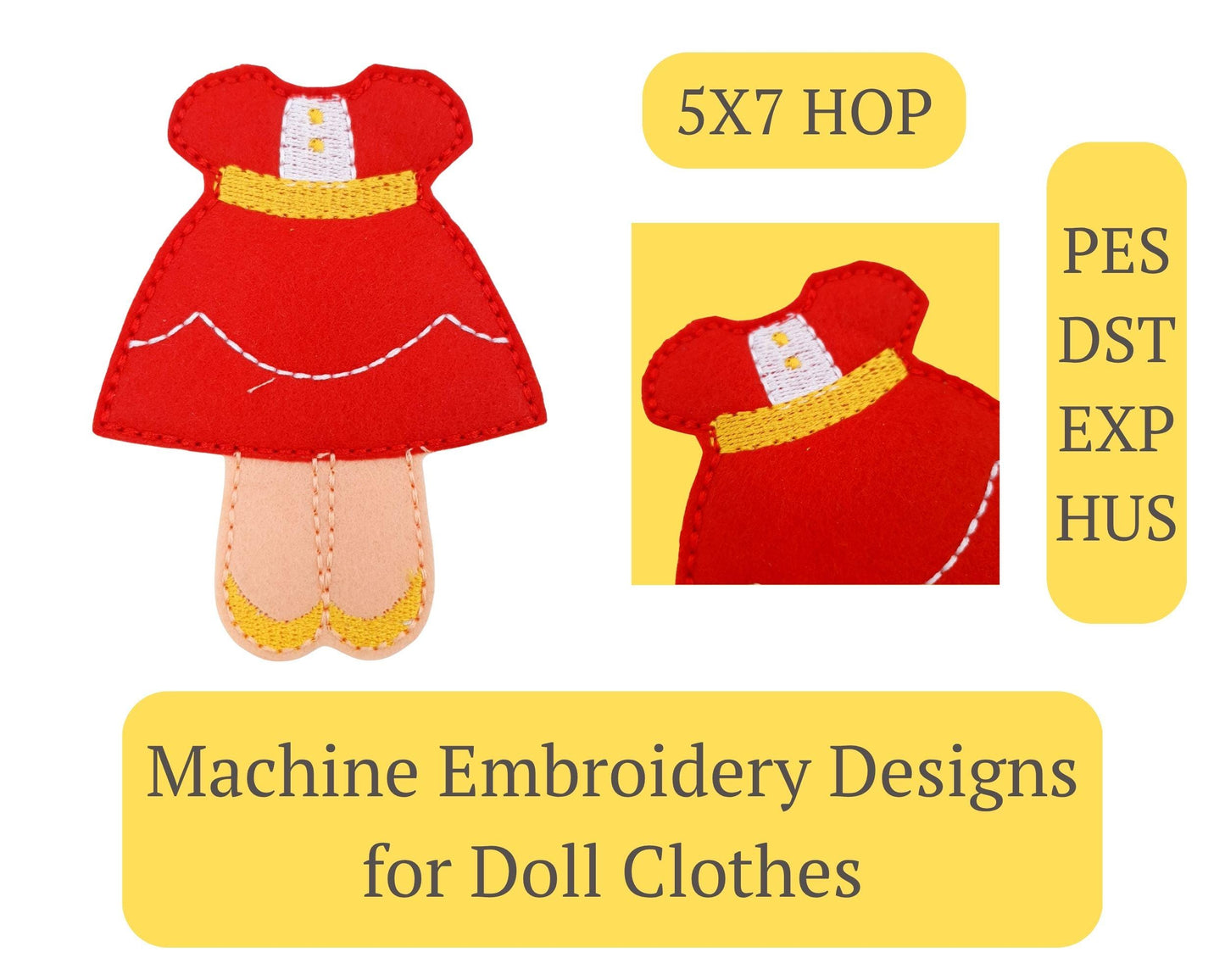 Felt Doll with Red Dress Machine Embroidery Design ITH Pattern 5x7 Hoop