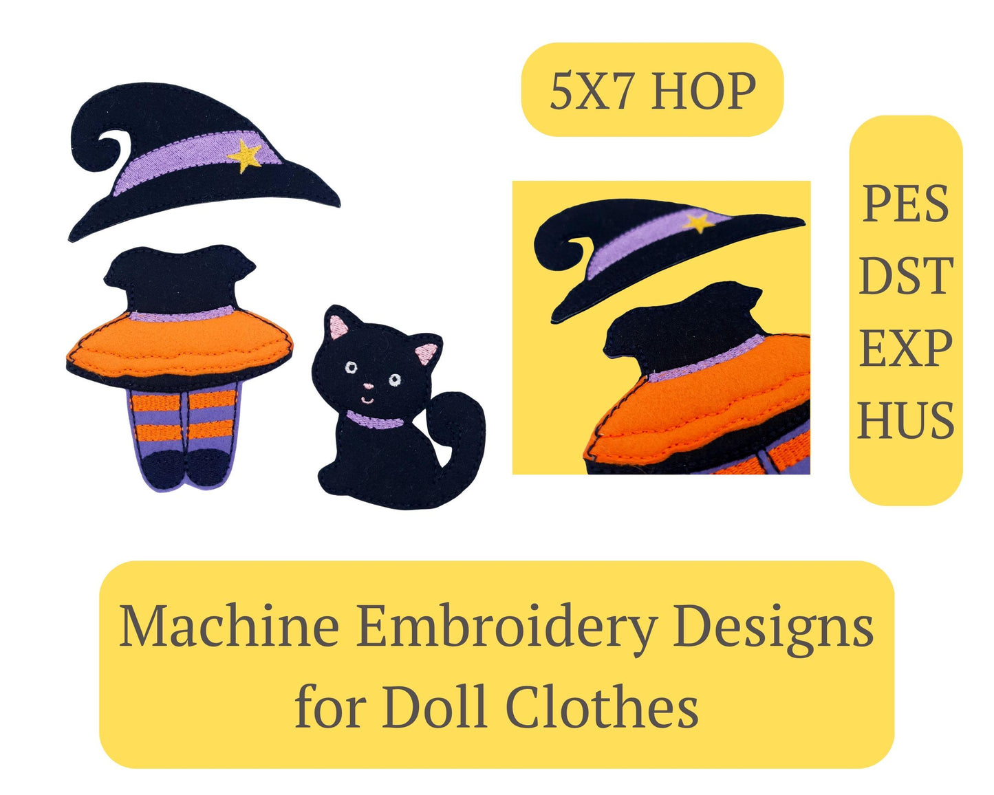 ITH Witch Doll Costume Embroidery Design  Halloween Felt Doll Outfit  5x7 Hoop Pattern