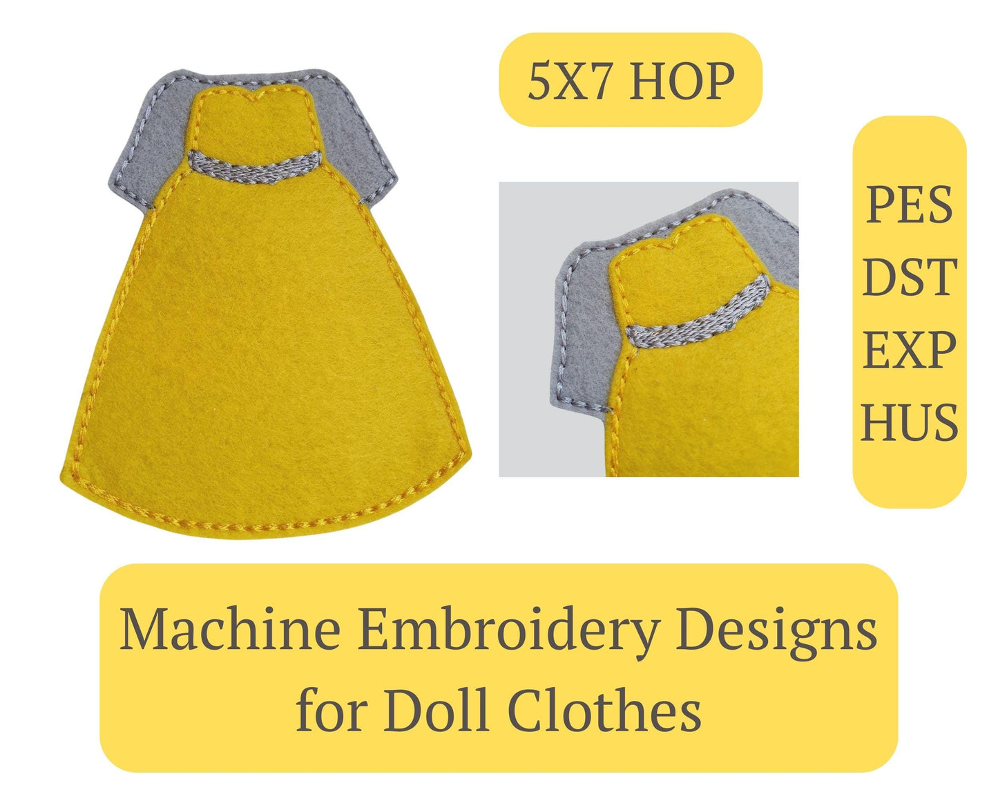 Contrast Doll Dress Embroidery - 5x7 Hoop Digital Pattern