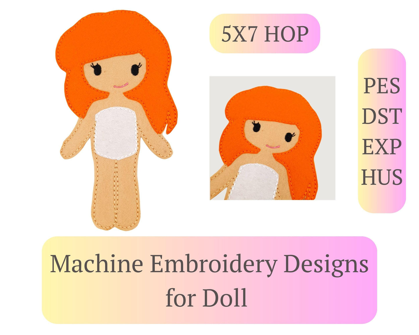 Ginger Hair Doll Embroidery - 5x7 Hoop Digital Pattern Toy