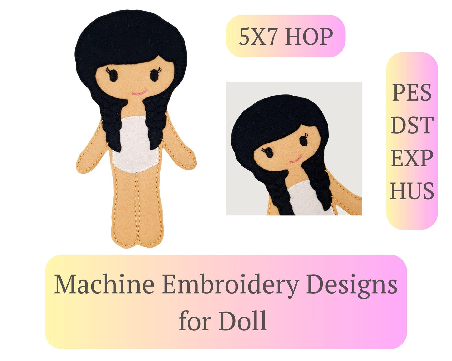 Pigtail Doll Embroidery - 5x7 Hoop Digital Pattern Toy