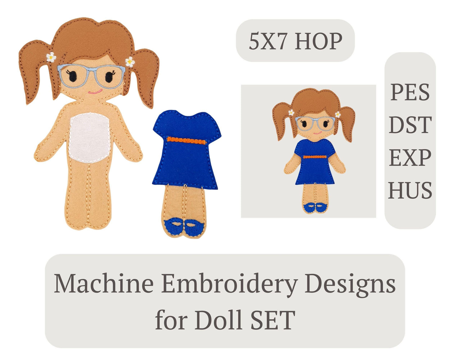 Felt Doll with Glasses Embroidery Design: ITH Doll & Dress Outfit (Digital Download)