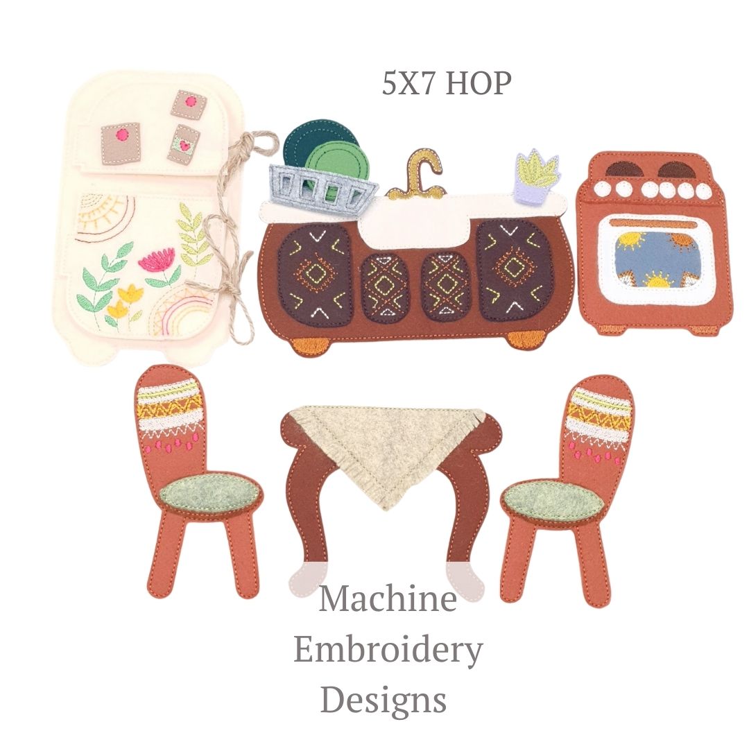 Boho Kitchen Dollhouse Furniture ITH Machine Embroidery Design Set Felt Fridge Stove Sink Table and Chairs for 5x7 Hoop Quiet Book Toy
